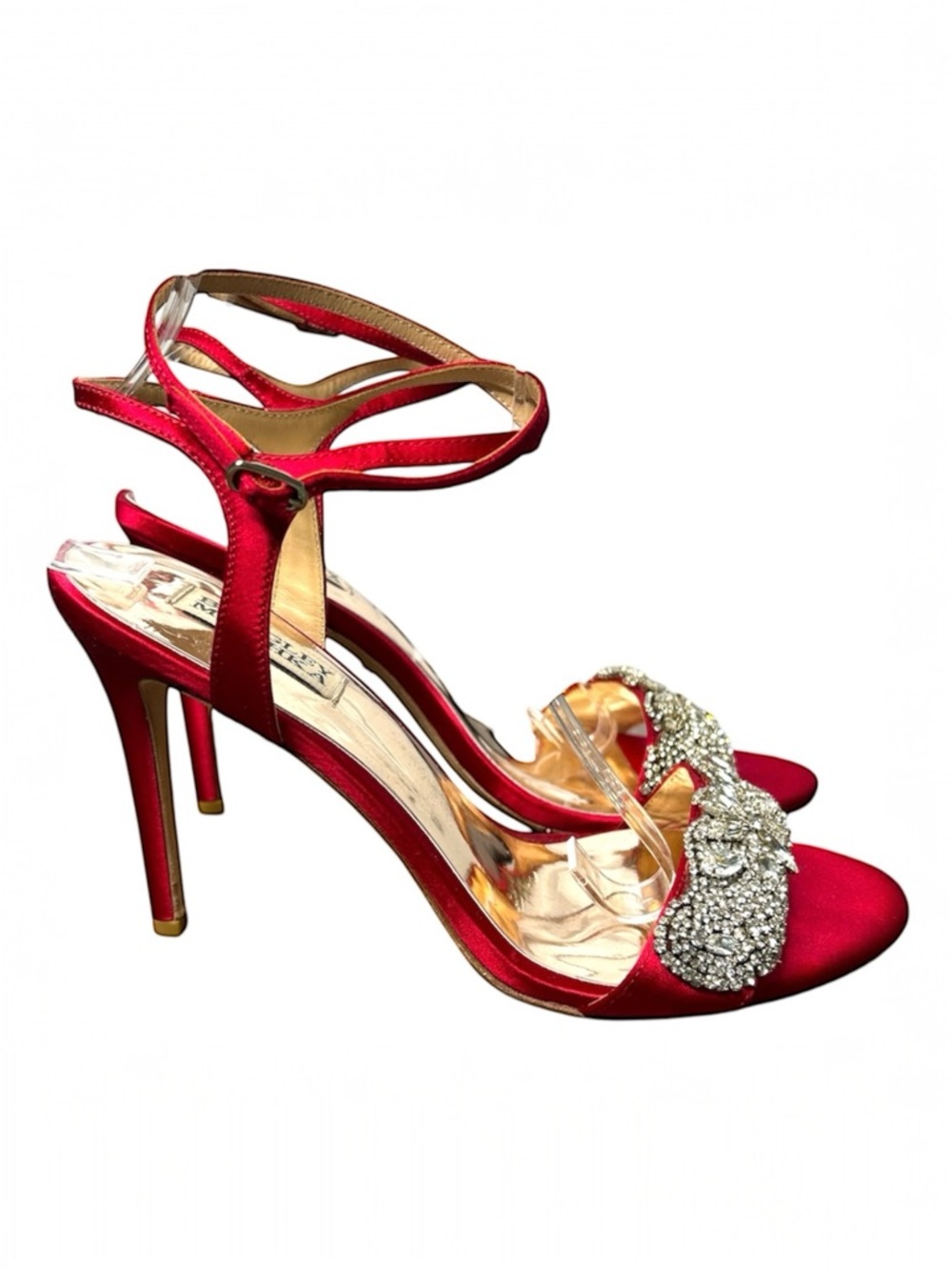 Badgley Mischka Red Satin Rhinestone Heels Ankle Strap Evening Sandals Size 9.5